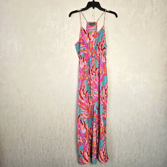 Southern Frock Womens S Maxi Dress Strappy Pink Aqua Tropical Resort Beach Vacay - Picture 1 of 8